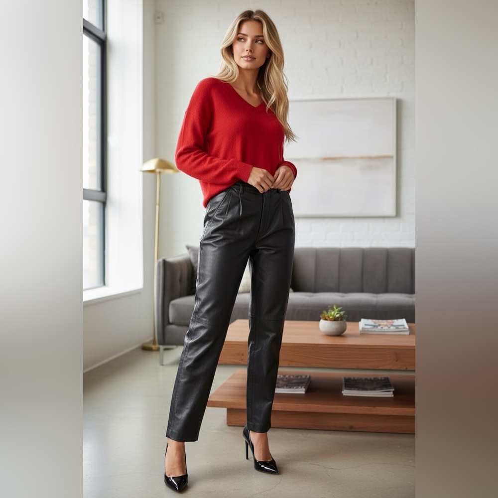 Vintage 90s Black Genuine Leather High Rise Pleated Pants USA 6